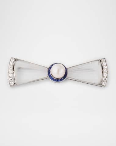 NM Estate Estate Platinum Diamond and Pearl Bow Pin with Sapphires