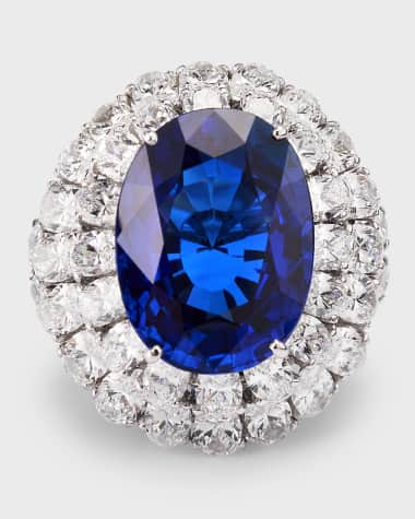 NM Estate Estate Platinum Oval Sapphire and Diamond Double Halo Ring, Size 5