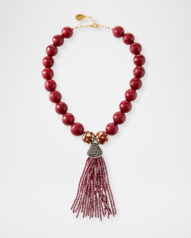 Devon Leigh Jade Bead Necklace w/ Crystal Tassel