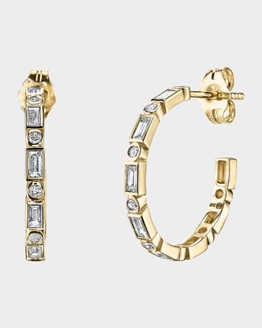 Sydney Evan 14K Gold And Diamond Baguette And Round Bezel Medium Hoops