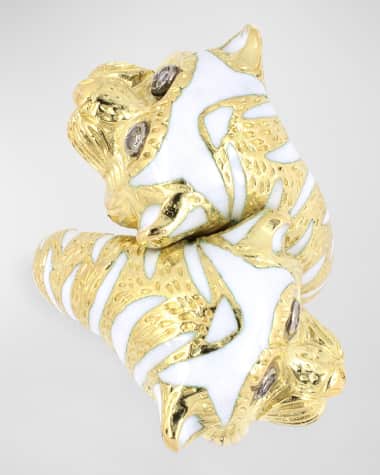 NM Estate Estate 18K Yellow Gold Twin Tiger's Head Twist Ring with Diamonds and Enamel, Size 6
