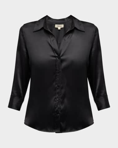 L'Agence Dani Silk Satin 3/4-Sleeve Button-Down Blouse