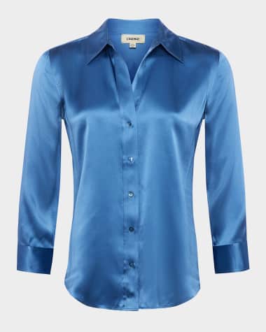 L'Agence Dani Silk Satin 3/4-Sleeve Button-Down Blouse