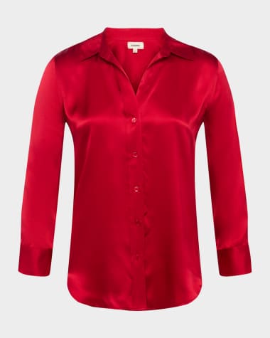 L'Agence Dani Silk Satin 3/4-Sleeve Button-Down Blouse