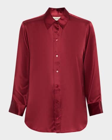 L'Agence Dani Silk Satin 3/4-Sleeve Button-Down Blouse