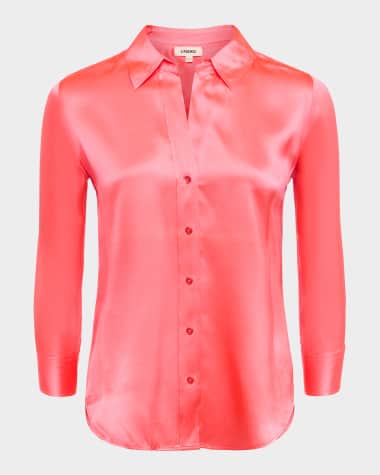 L'Agence Dani Silk Satin 3/4-Sleeve Button-Down Blouse
