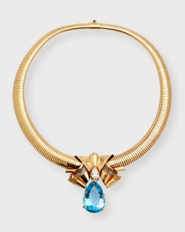 NM Estate Estate 18K Yellow Gold Aquamarine Pear and Diamond Bow Necklace