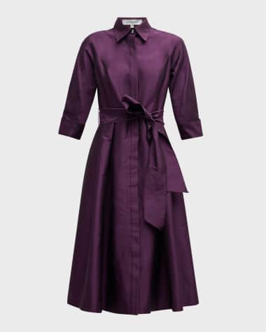 Rickie Freeman for Teri Jon 3/4-Sleeve Belted Taffeta Shirtdress