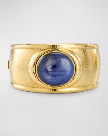 NM Estate Estate De Vroomen 18K Yellow Gold Cabochon Sapphire Wide Hammered Bangle