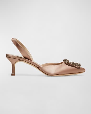 Manolo Blahnik Hangisi Kitten-Heel Satin Slingback Pumps