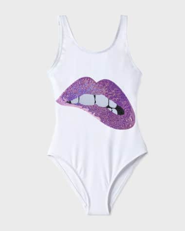 Stella Cove Girl's Sequin Lip Applique One-Piece Swimsuit, Size 4-14