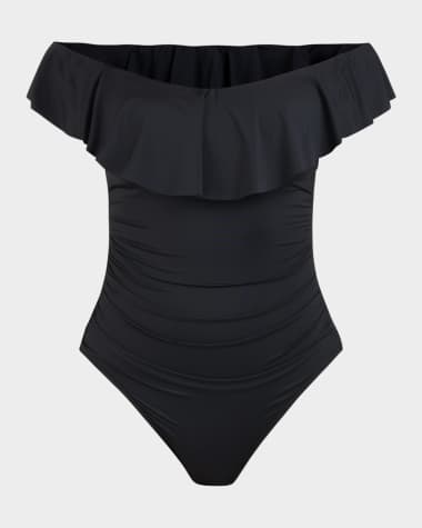 La Blanca Off-Shoulder Ruffle Lace-Up One-Piece Swimsuit