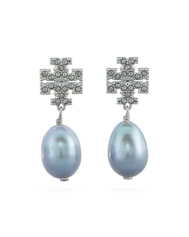 Tory Burch Kira Pave Pearl-Drop Earrings, Silver