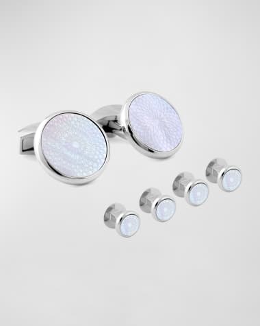 Tateossian Men's Round Mother-of-Pearl Guilloche Cufflink Stud Set