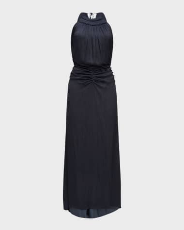 Halston High-Low Slub Micro Satin Halter Gown