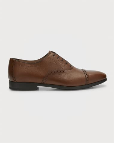 Ferragamo Men's Riley Saddle Pebbled Leather Oxford Shoes