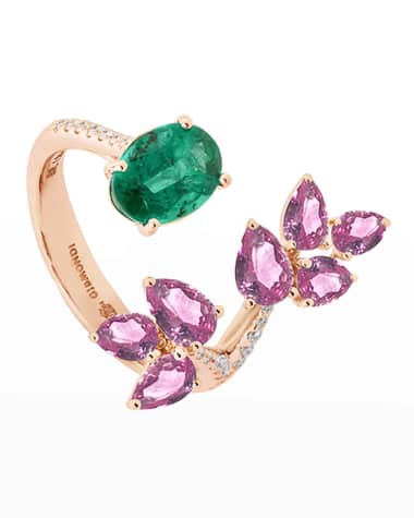 Gismondi 1754 18k Rose Gold Open Emerald-End Ring with Diamonds and Sapphires, Size 7