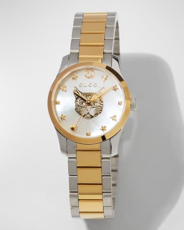 Gucci 27mm G-Timeless Bracelet Watch w/ Feline, White Mother-of-Pearl