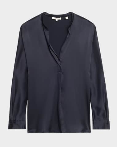 Vince Silk Band-Collar Blouse