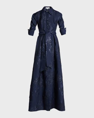 Rickie Freeman for Teri Jon Belted Jacquard Shirtdress Gown