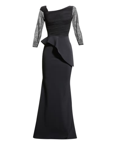 Chiara Boni La Petite Robe Rippy Asymmetrical 3/4-Sleeve Illusion Gown