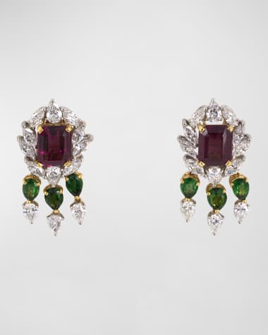 NM Estate Estate 18K Yellow Gold and Platinum Drop Earrings with Garnets, Diamonds and Tourmalines
