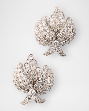 NM Estate Estate Platinum Floral Leaf Clip-On Earrings with Diamonds