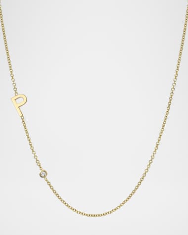 Zoe Lev Jewelry 14k Gold Asymmetrical Initial and Bezel Diamond Necklace