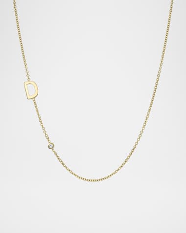 Zoe Lev Jewelry 14k Gold Asymmetrical Initial and Bezel Diamond Necklace
