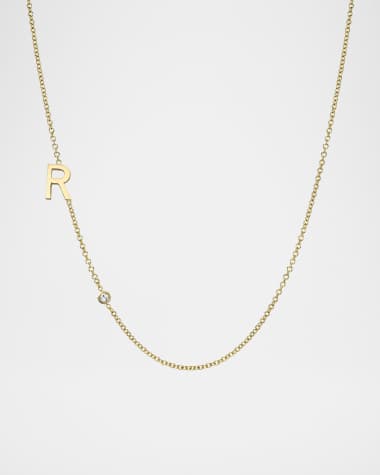 Zoe Lev Jewelry 14k Gold Asymmetrical Initial and Bezel Diamond Necklace