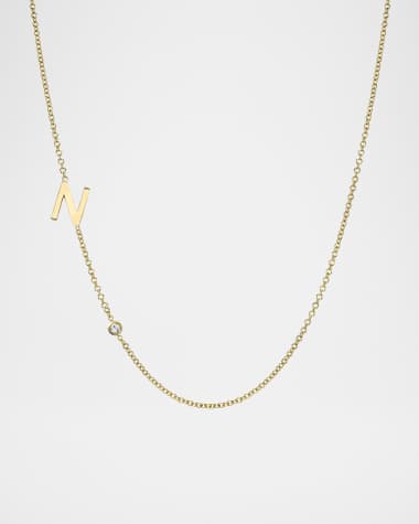Zoe Lev Jewelry 14k Gold Asymmetrical Initial and Bezel Diamond Necklace