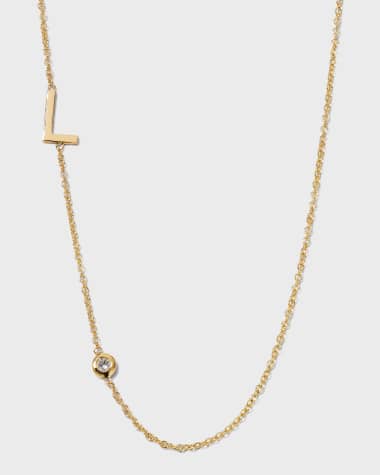 Zoe Lev Jewelry 14k Gold Asymmetrical Initial and Bezel Diamond Necklace