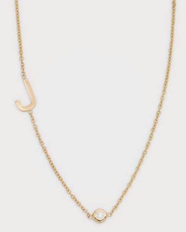 Zoe Lev Jewelry 14k Gold Asymmetrical Initial and Bezel Diamond Necklace