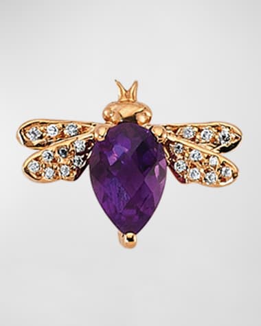 BeeGoddess 14k Rose Gold Amethyst and Diamond Bee Stud Earring, Single