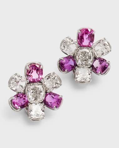 NM Estate Platinum Pink Sapphire and Diamond Buttercup Cluster Earrings