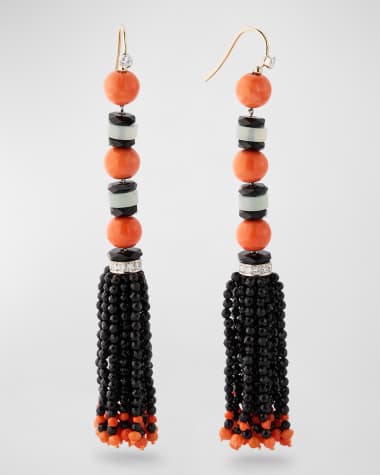 NM Estate Estate Platinum Coral and Onyx Bead Tassel Earrings