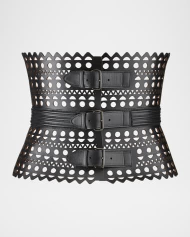 ALAIA Openwork Wide Triple-Buckle Leather Corset Belt