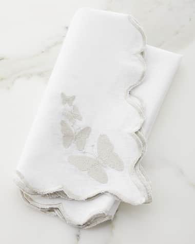 Nomi K White Linen Silver Butterfly Scalloped Edged Embroidered Napkin