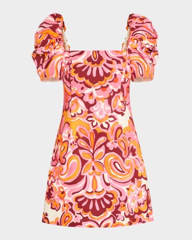 Cara Cara Kelly Blue Tile Print Puff-Sleeve Dress