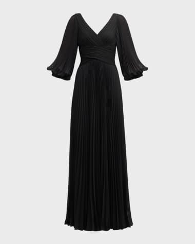 Rickie Freeman for Teri Jon V-Neck Puff-Sleeve Pleated Chiffon Gown