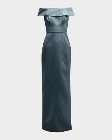 Rickie Freeman for Teri Jon Off-Shoulder Metallic Column Gown