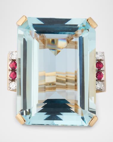 NM Estate Estate 14K Yellow Gold Aquamarine, Diamond and Ruby Ring, Size 7.5