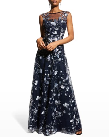 Rickie Freeman for Teri Jon Cap-Sleeve Embroidered Tulle A-Line Gown