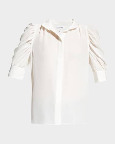 FRAME Gillian Silk Collared Puff-Sleeve Top