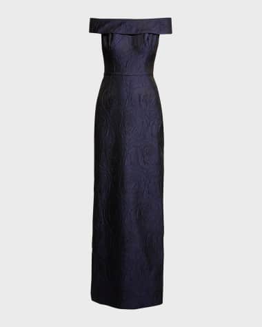 Rickie Freeman for Teri Jon Off-Shoulder Jacquard Column Gown