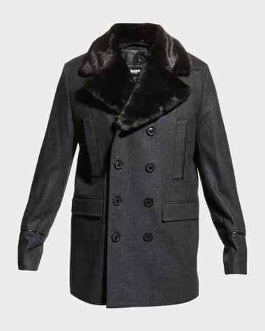 Karl Lagerfeld Paris Men's Wool Peacoat w/ Faux Fur Collar