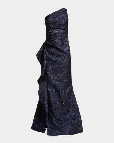 Rickie Freeman for Teri Jon One-Shoulder Jacquard Side-Ruffle Gown