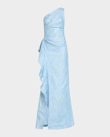 Rickie Freeman for Teri Jon One-Shoulder Jacquard Side-Ruffle Gown