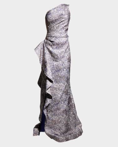 Rickie Freeman for Teri Jon One-Shoulder Jacquard Side-Ruffle Gown