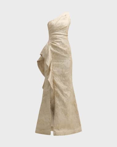 Rickie Freeman for Teri Jon One-Shoulder Jacquard Side-Ruffle Gown